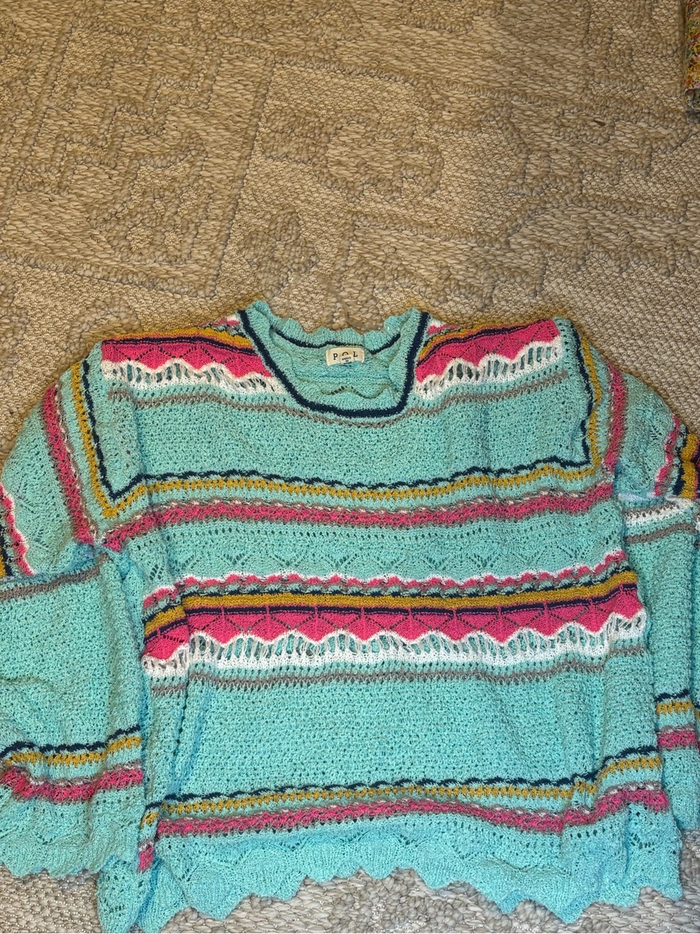POL Turquoise Crochet Crewneck Sweater with Pink and White Stripes